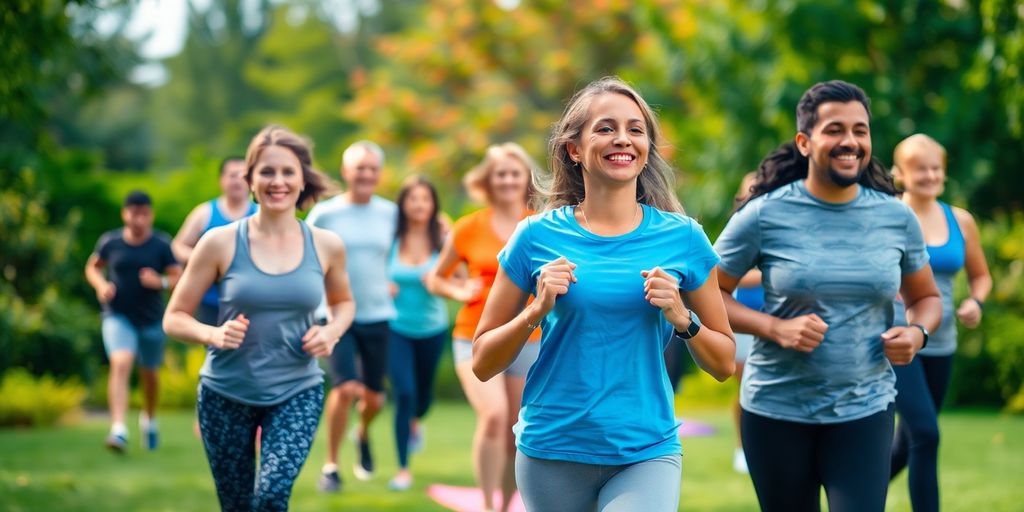 People practicing yoga and jogging in a lush park.