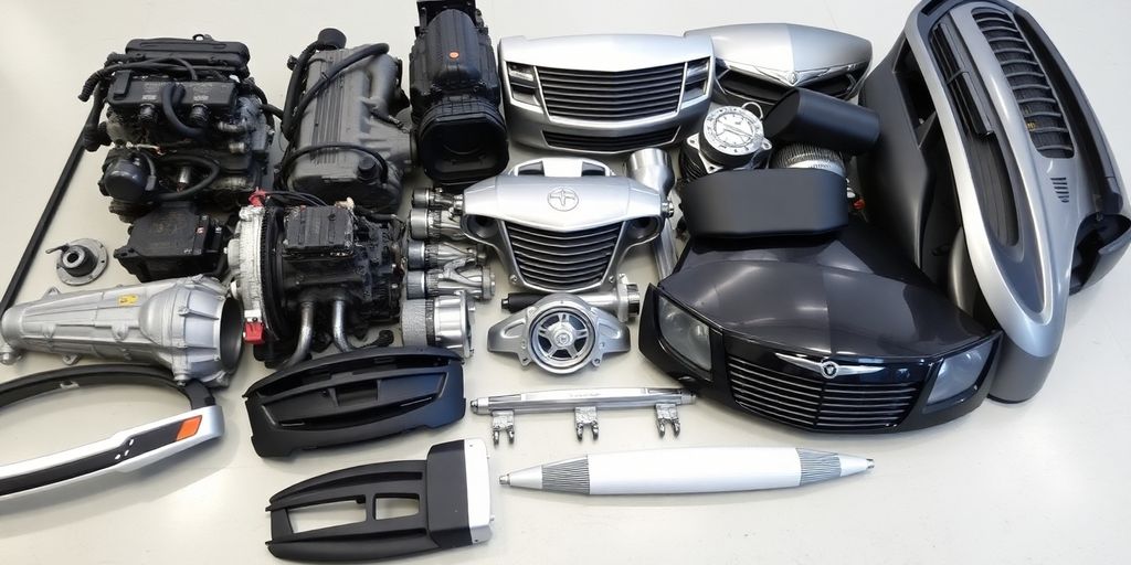 Chrysler car parts laid out neatly.