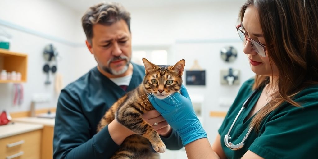 Pet owner and vet caring for a cat.