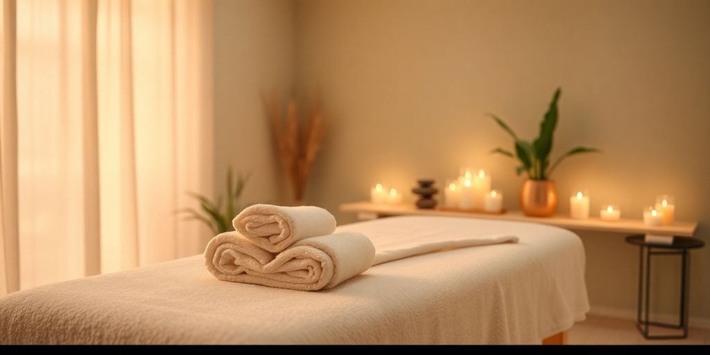 Masaj ortamı, rahatlatıcı aydınlatma ve dekor.