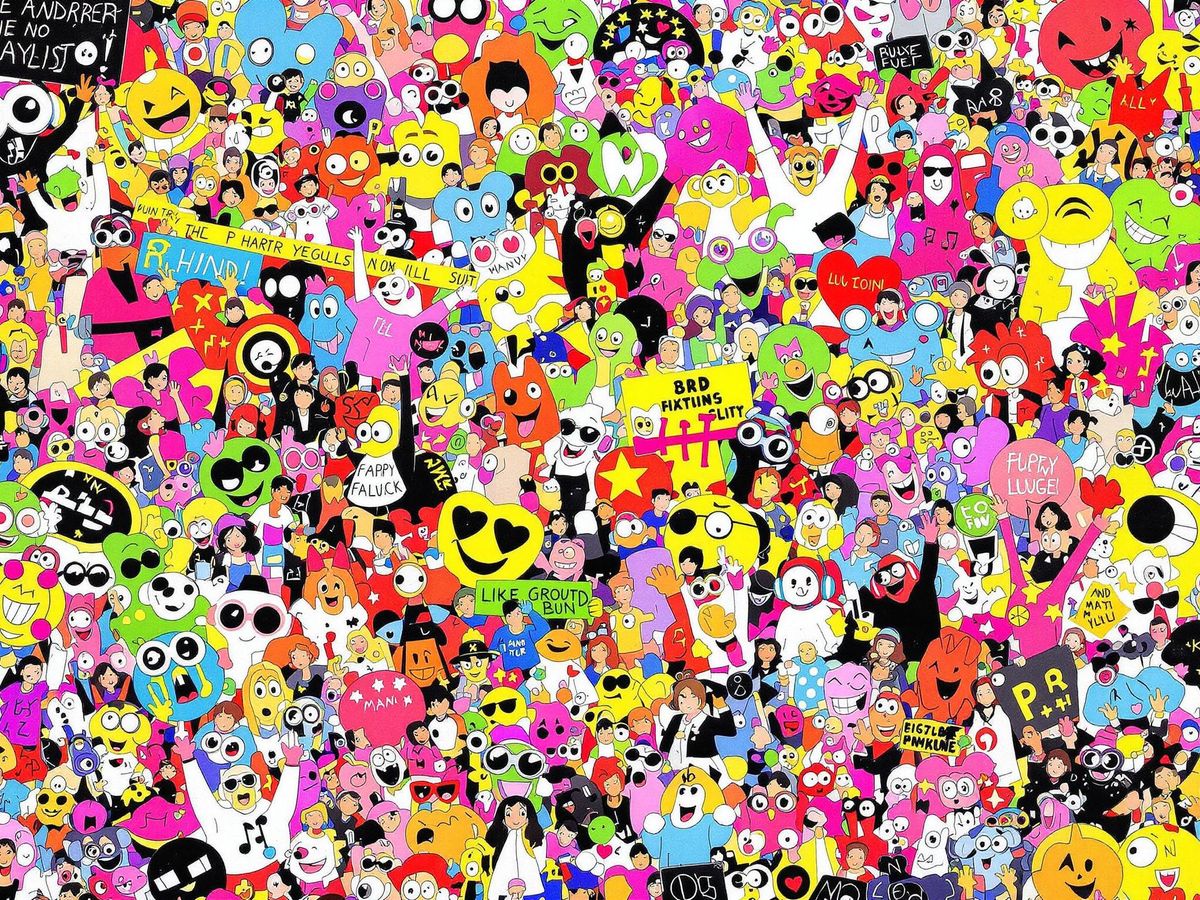 Colorful music notes and cartoon characters dancing joyfully.