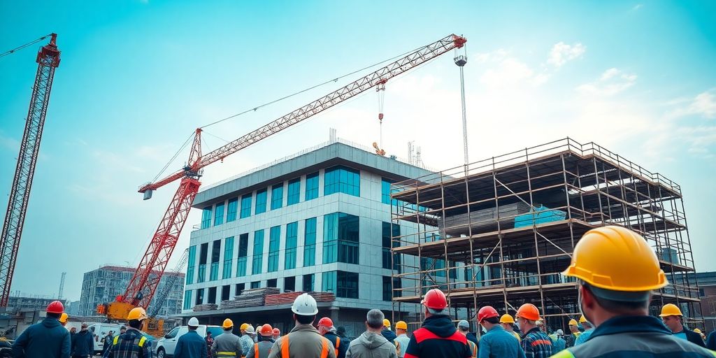 Construction workers and machinery at a busy site.