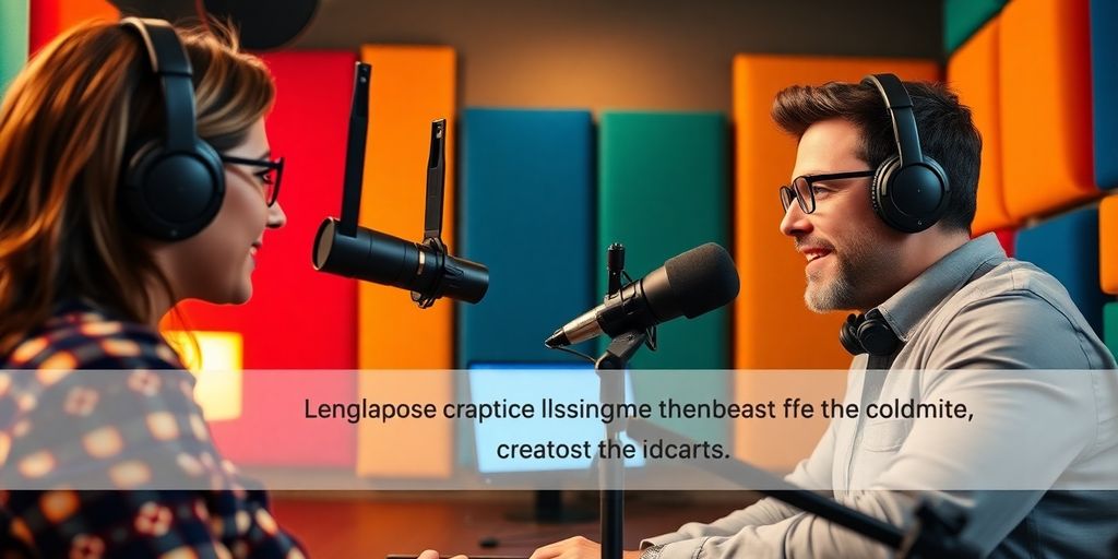 Podcast studio with microphones and colorful soundproofing panels.