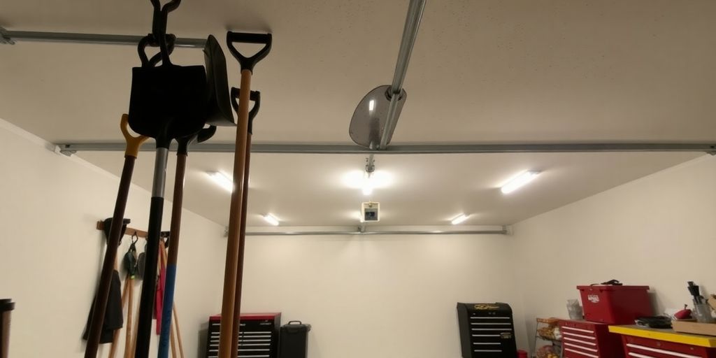 Shovels neatly hanging overhead in a garage.