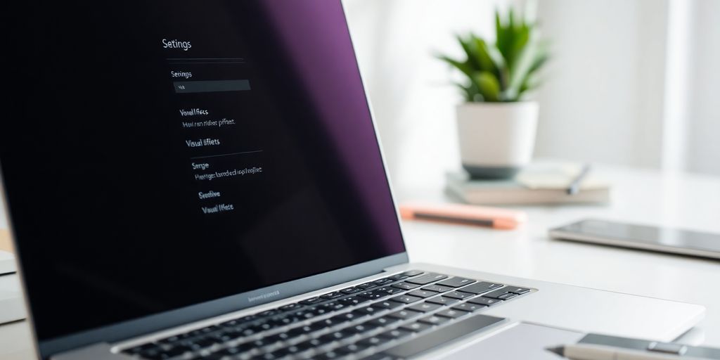 Configurações visuais de um laptop em uma mesa moderna.