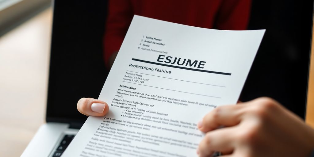 Person holding resume, next to laptop.