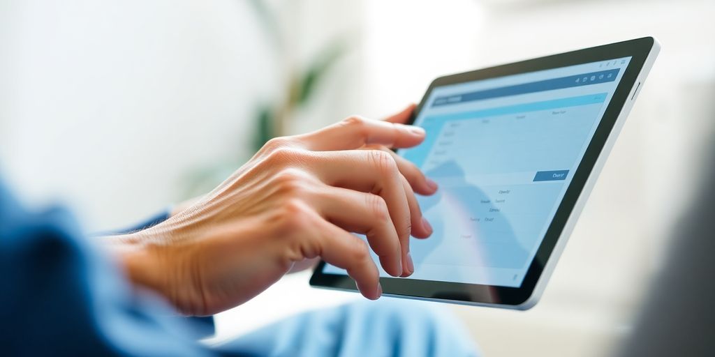 Therapist using EMR on tablet.