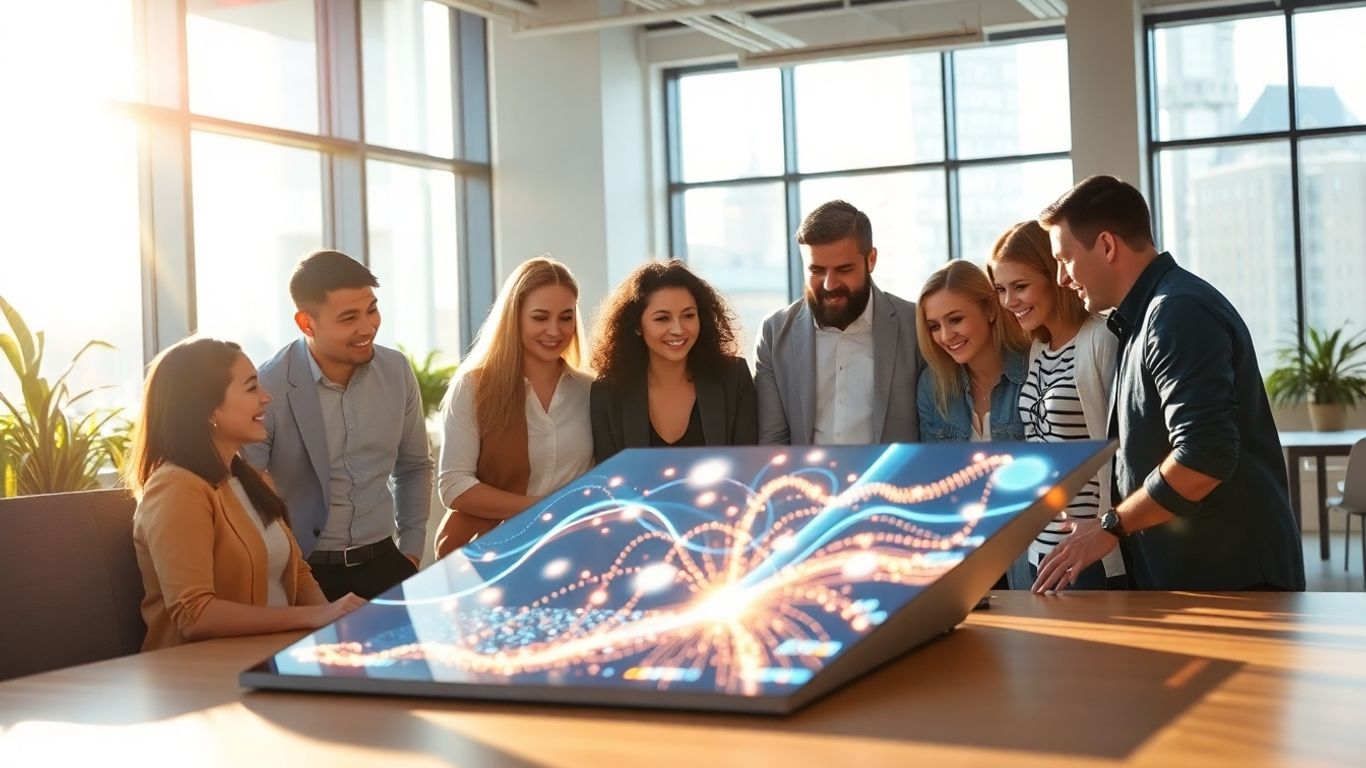Team collaborating on futuristic AI interface