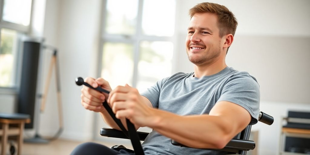 Man in wheelchair smiles during therapy.