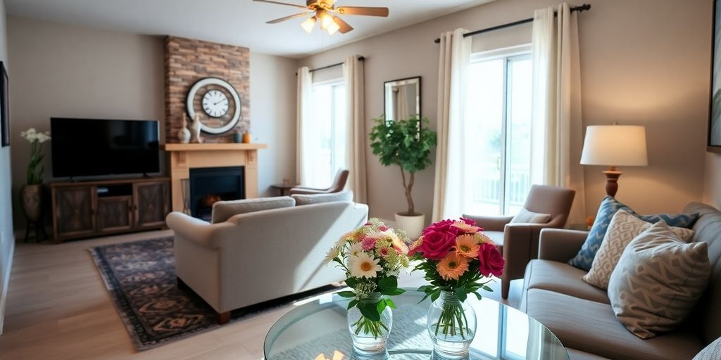 Brightly staged home interior with cozy furniture and flowers.