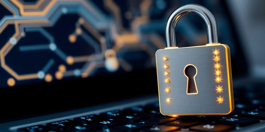 Digital lock on laptop, highlighting cybersecurity solutions.