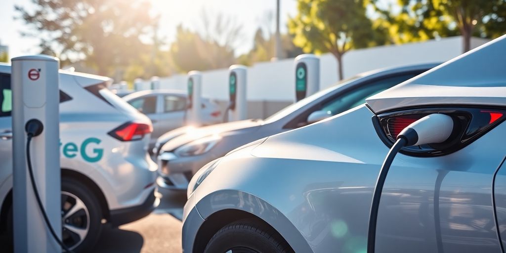 Electric vehicles charging at a modern charging station.