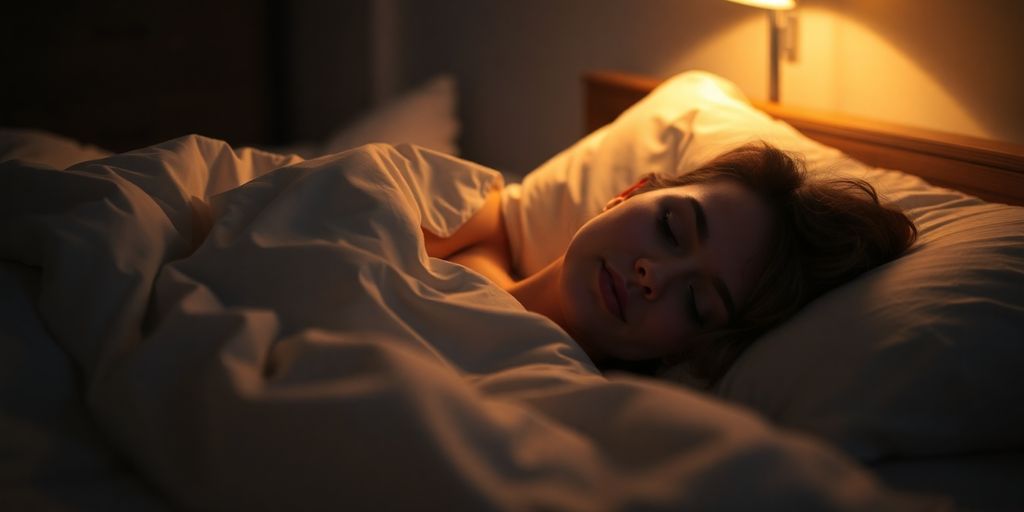 Peaceful bedroom, person sleeping soundly, warm lighting.