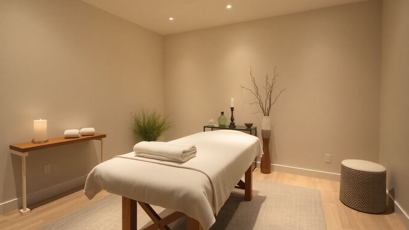 Rahatlatıcı masaj odası ve masaj masası.