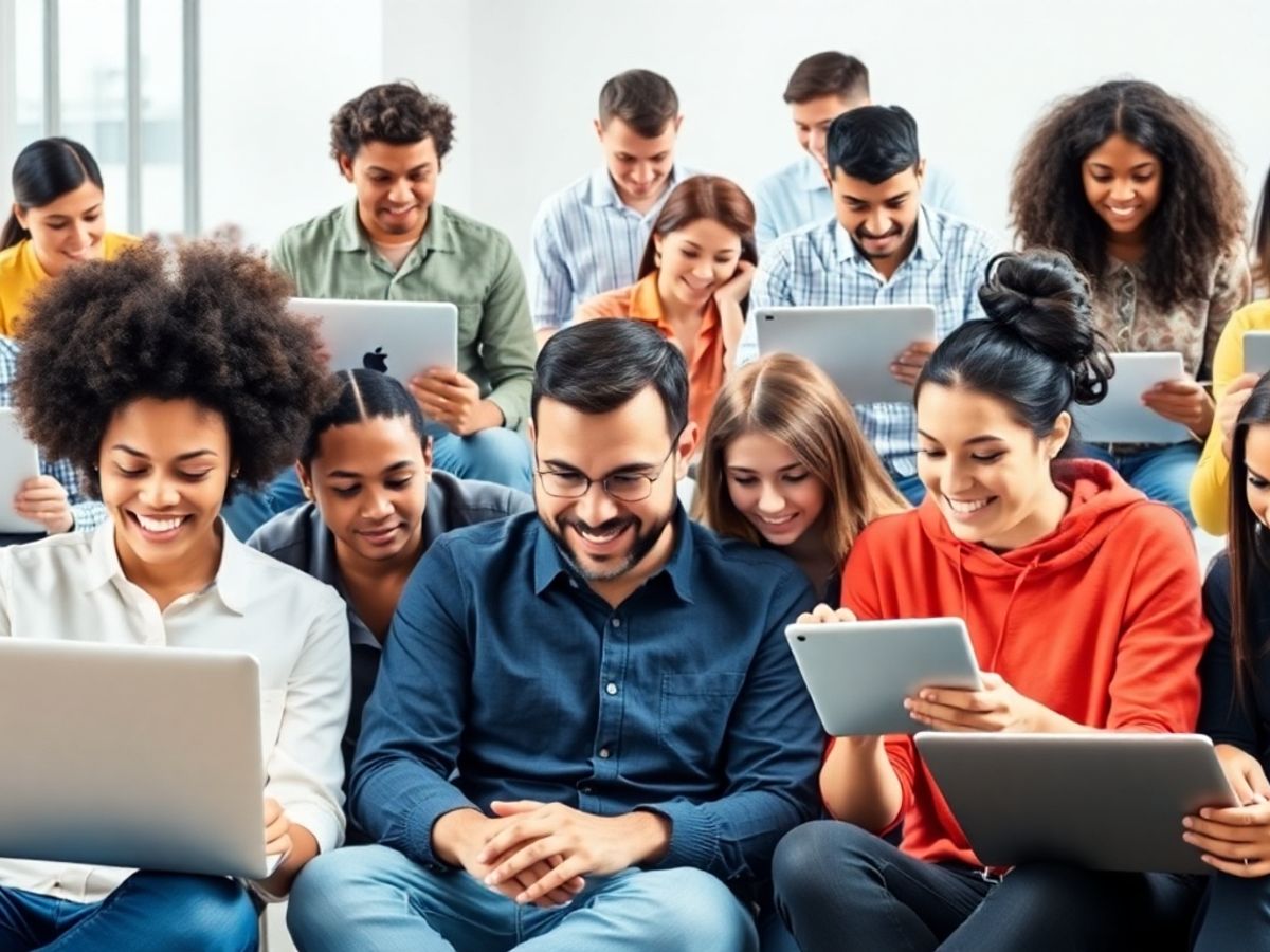 Diverse learners using AI language tools in a study setting.