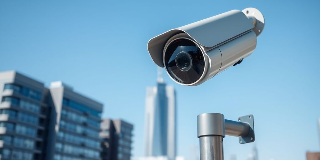 Modern CCTV camera with cityscape background