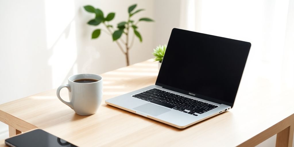 Laptop, coffee, and green plant on a desk.