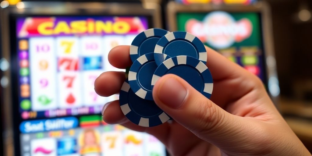 Hand holding chips in front of a slot machine.