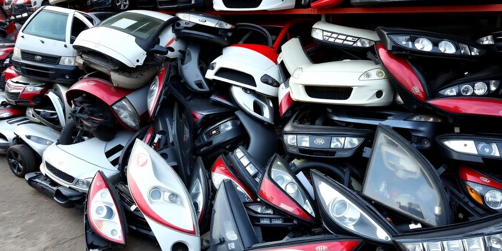 Used Kia car parts stacked neatly.