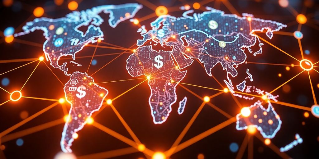 Blockchain network connecting financial institutions globally.