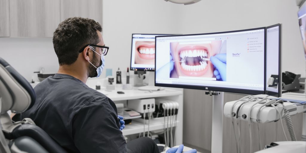Dentist using computer for practice optimization.