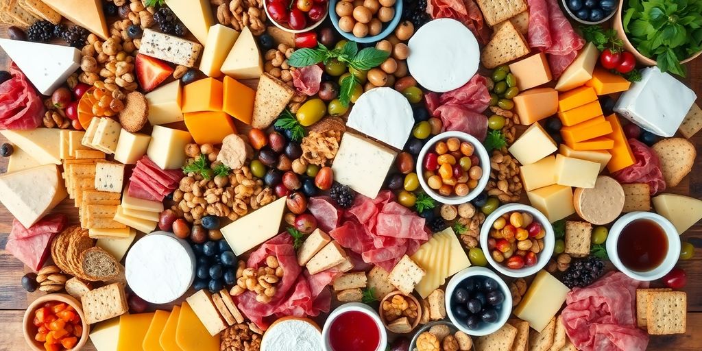 Table laden with cheeses, meats, fruits, nuts, dips.