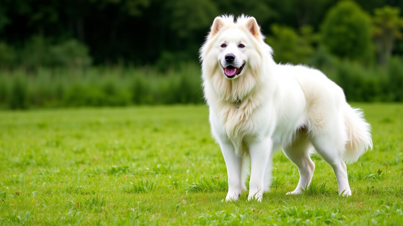 A proud Kuvasz dog in a green field.