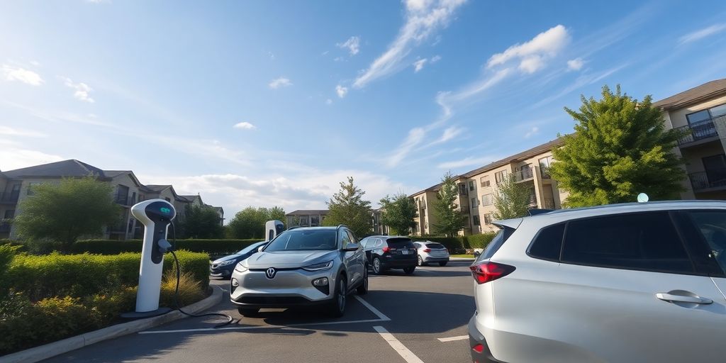EV charging at apartment complex parking lot.