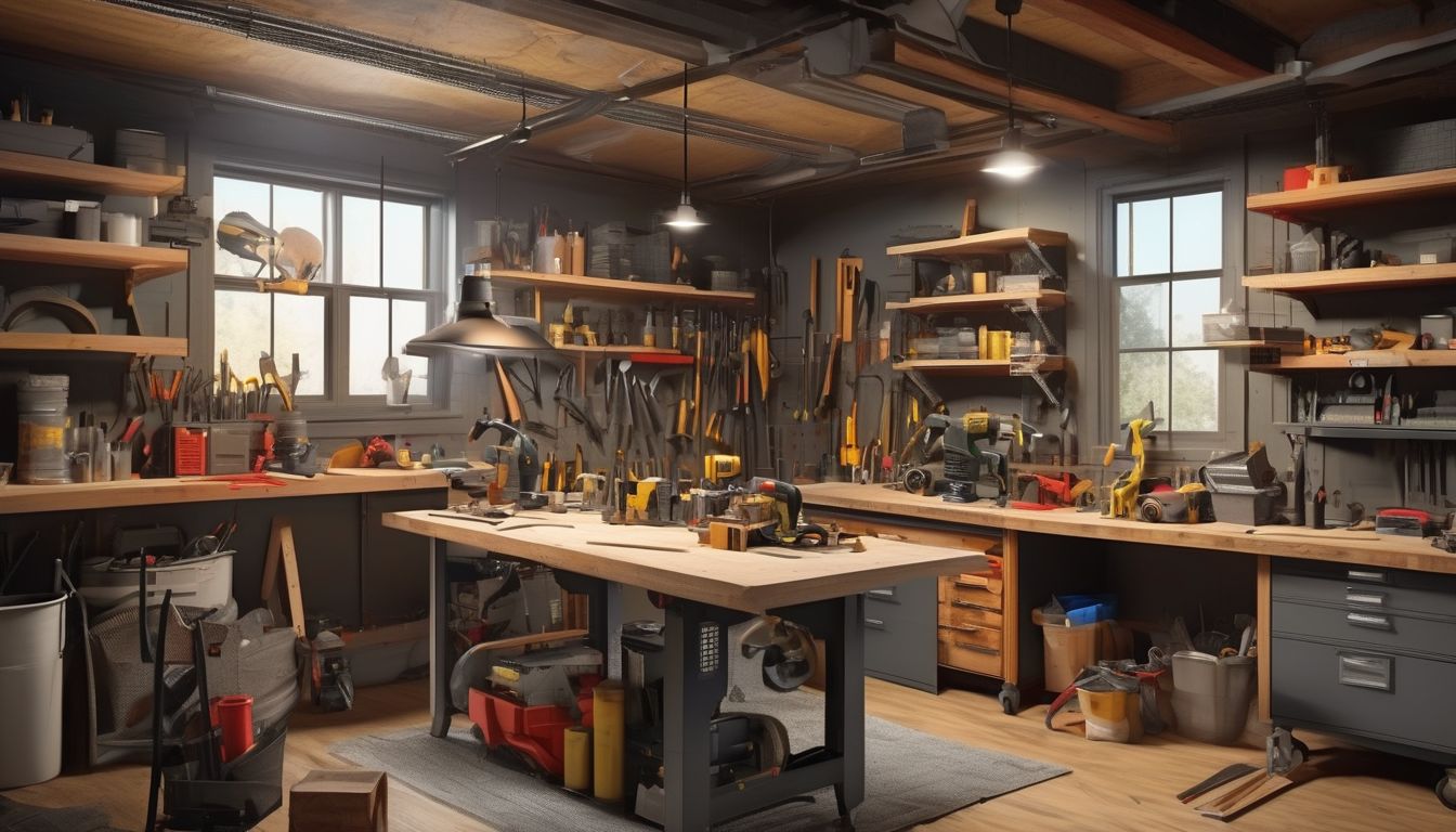workshop with various tools, organized storage, DIY enthusiast working