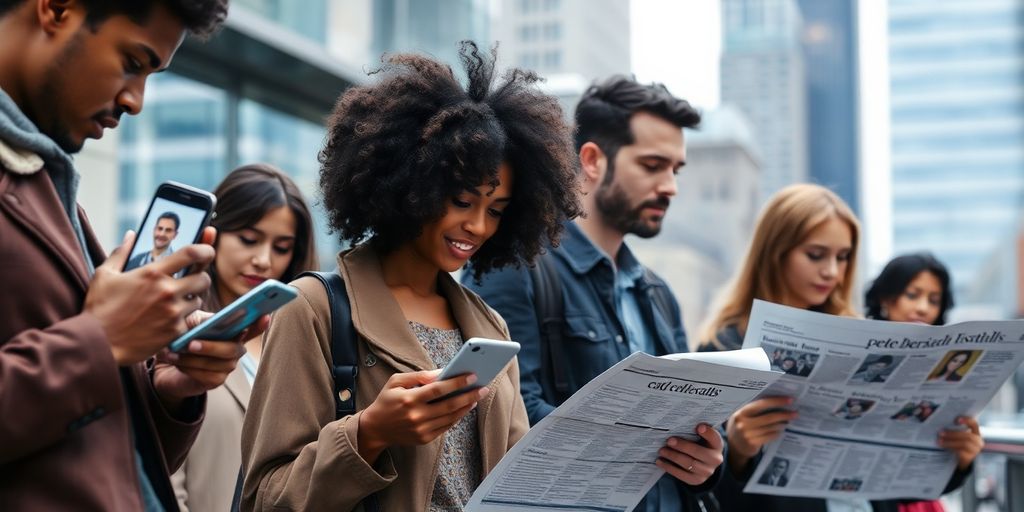 Diverse people connecting, phone screens, newspapers, city background.