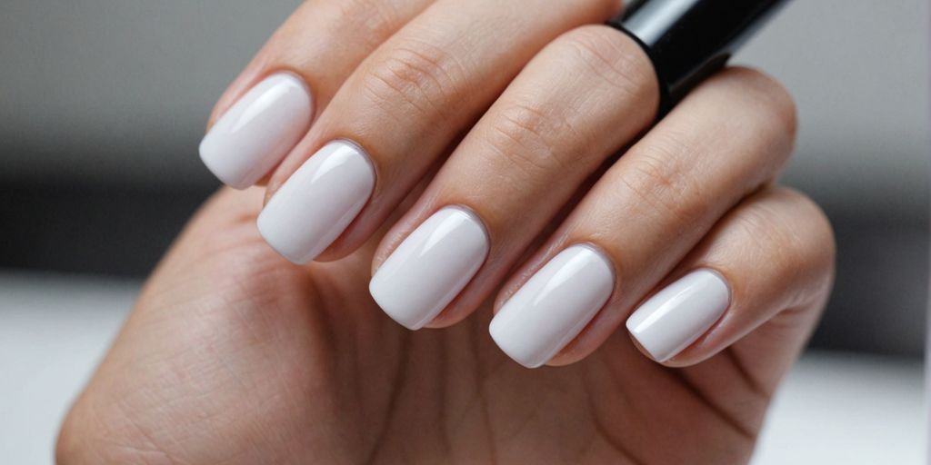 Hand with white gel nails holding nail polish