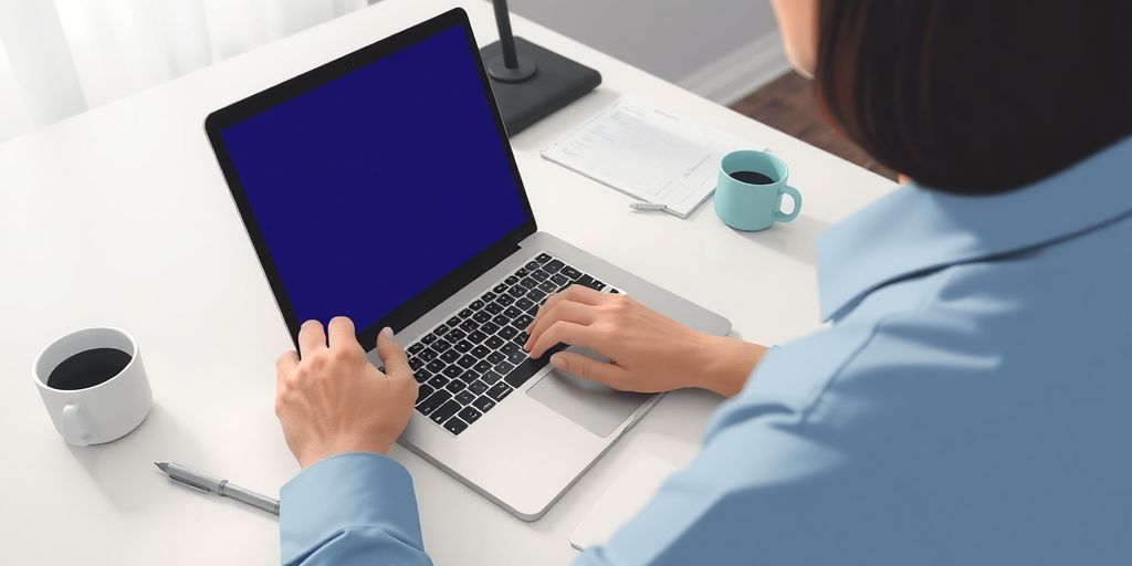 Bid manager on laptop, coffee, and papers.