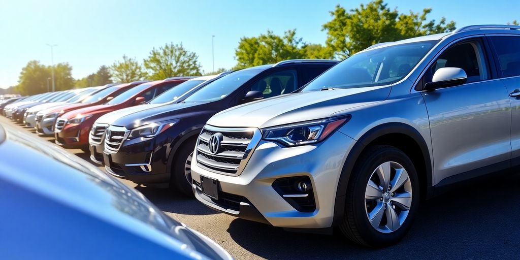 Rental cars parked under sunny sky.