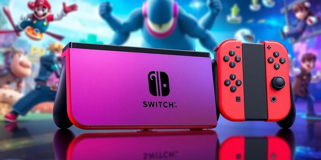 Console de jeu moderne avec des couleurs vives et un design.