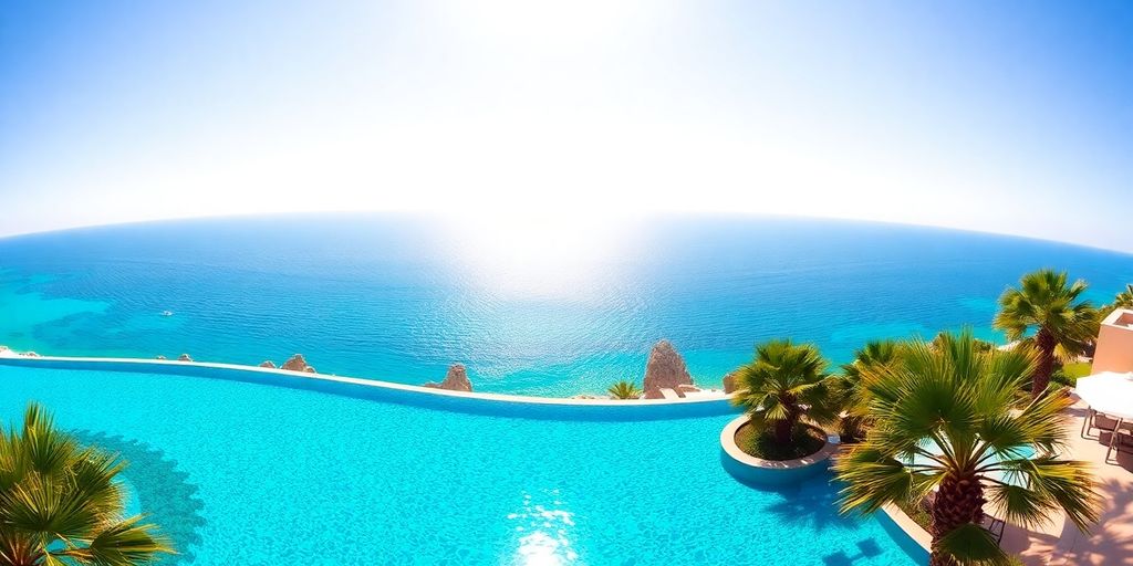 Luxurious Cabo hotel pool overlooking turquoise ocean.