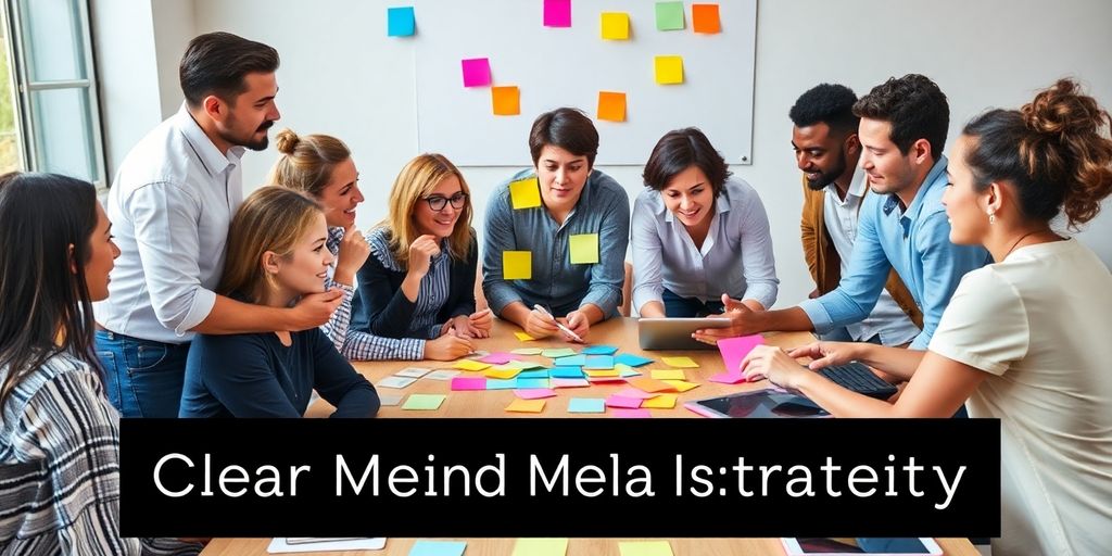 Groep mensen brainstormt voor merkidentiteit op social media.