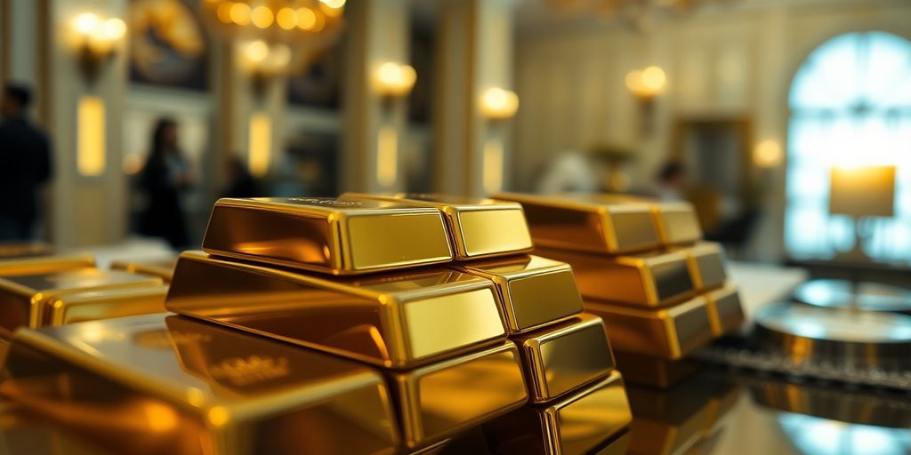 Barres d'or empilées dans un cadre luxueux.