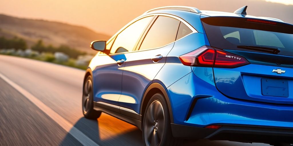 Electric blue Chevy Bolt EV driving on a road