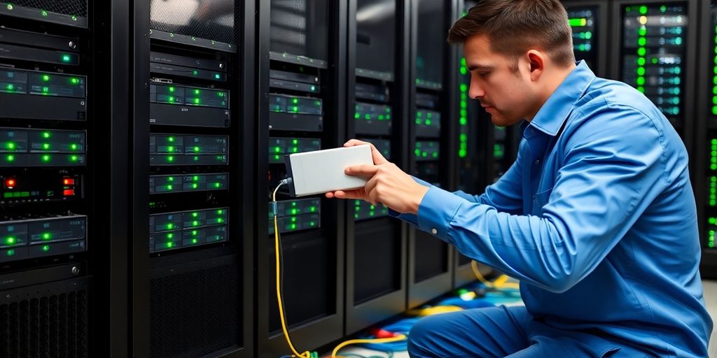 Technician connecting external hard drive in server room backup setup.