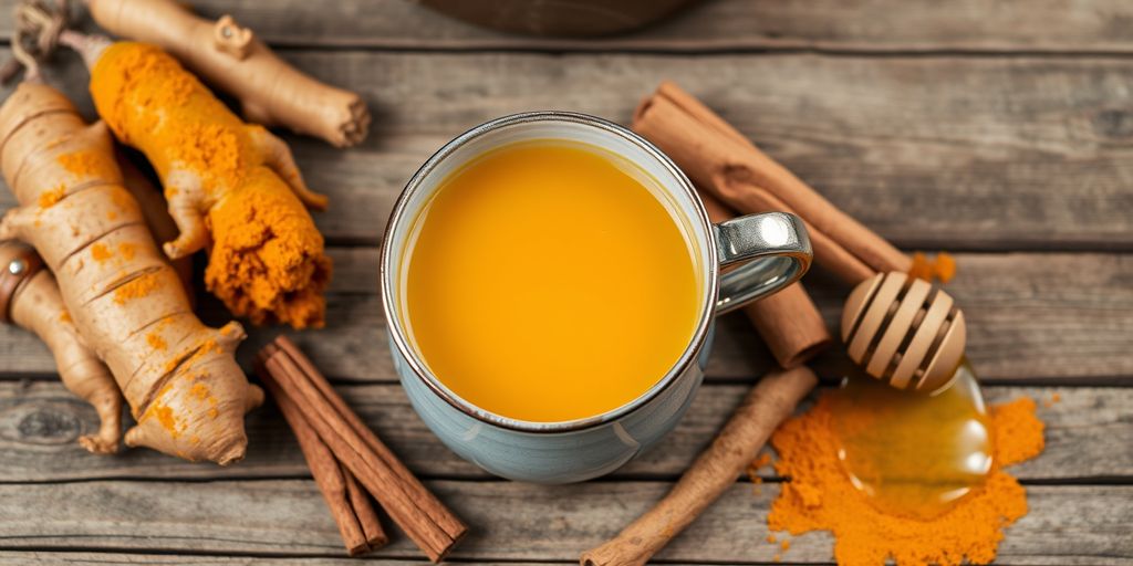 Steaming turmeric tea with roots and cinnamon