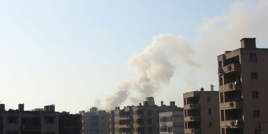 Bâtiments détruits et fumée s'élevant sur fond de ciel dégagé.