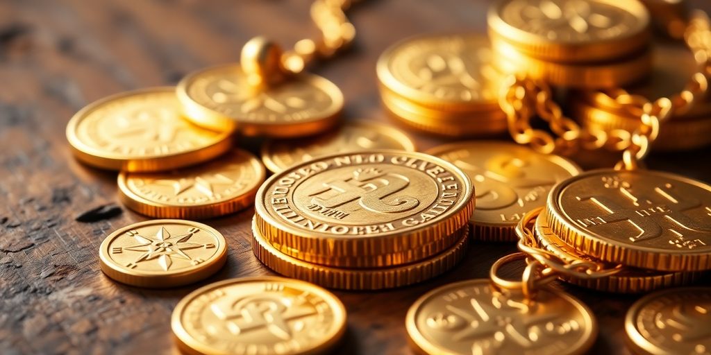 Pièces d'or et bijoux sur une table en bois.