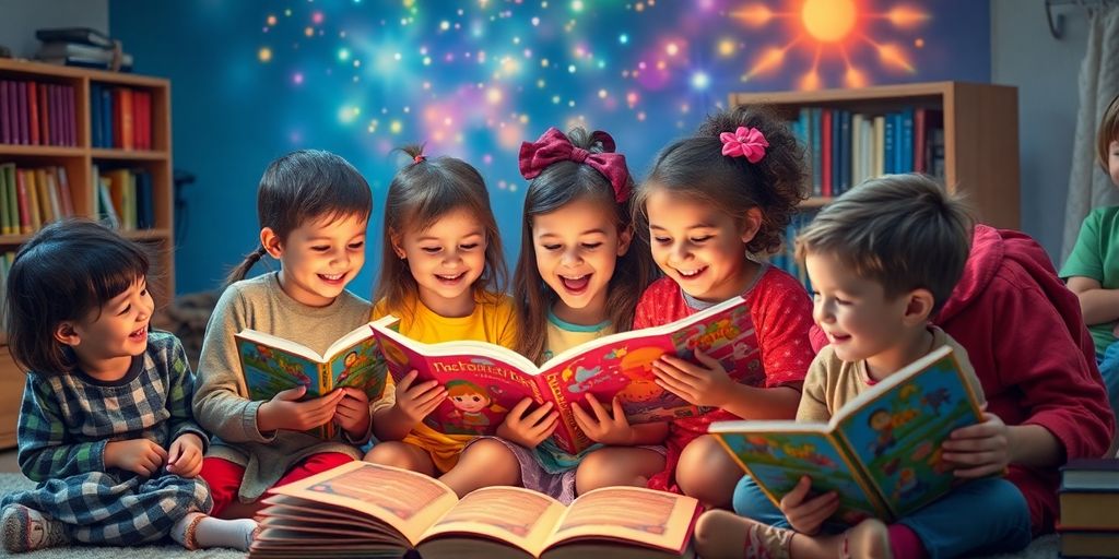 Children enjoying storytelling gifts and colorful books together.