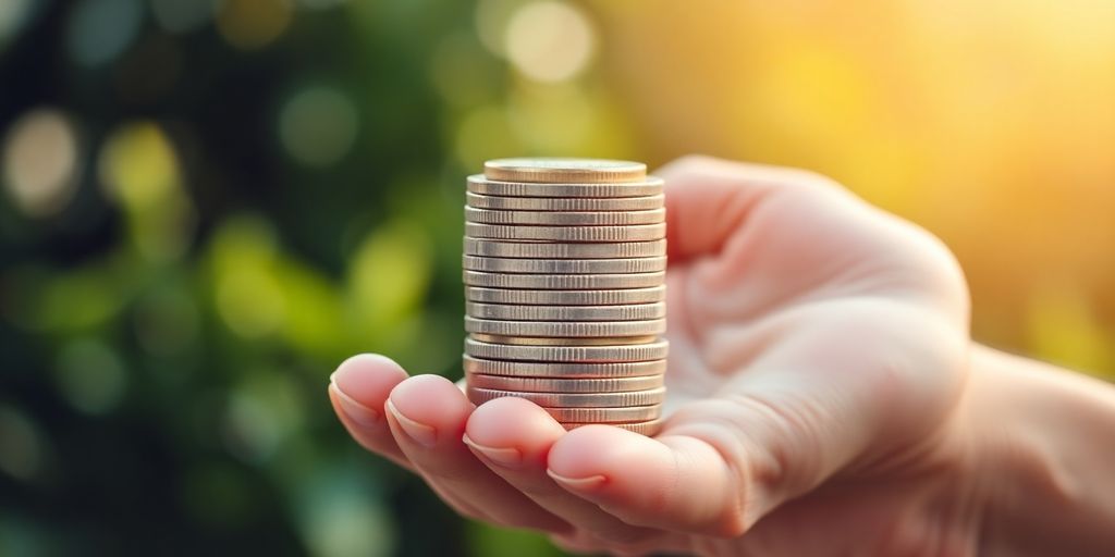 Hand holding coins against a blurred green background.
