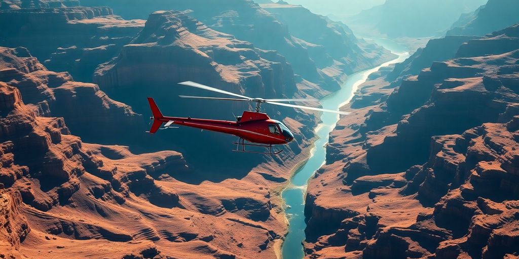 A red Papillon helicopter flies over the Grand Canyon.