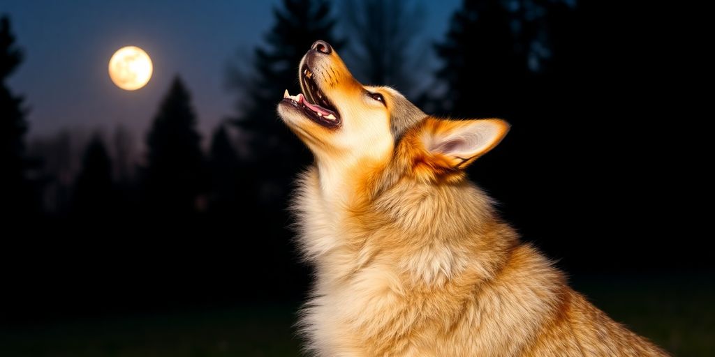 Dog howling at the moon in a twilight forest.