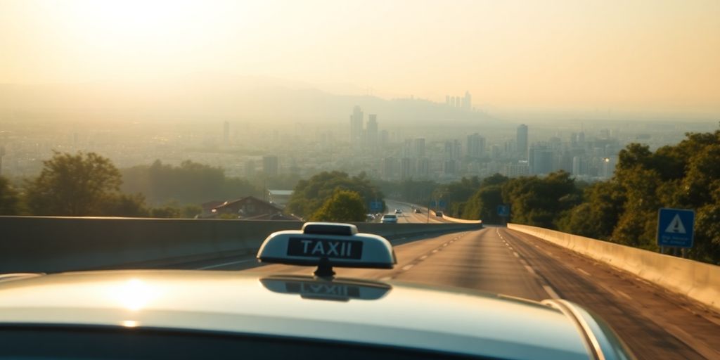 Taxi on a highway heading towards a city skyline.