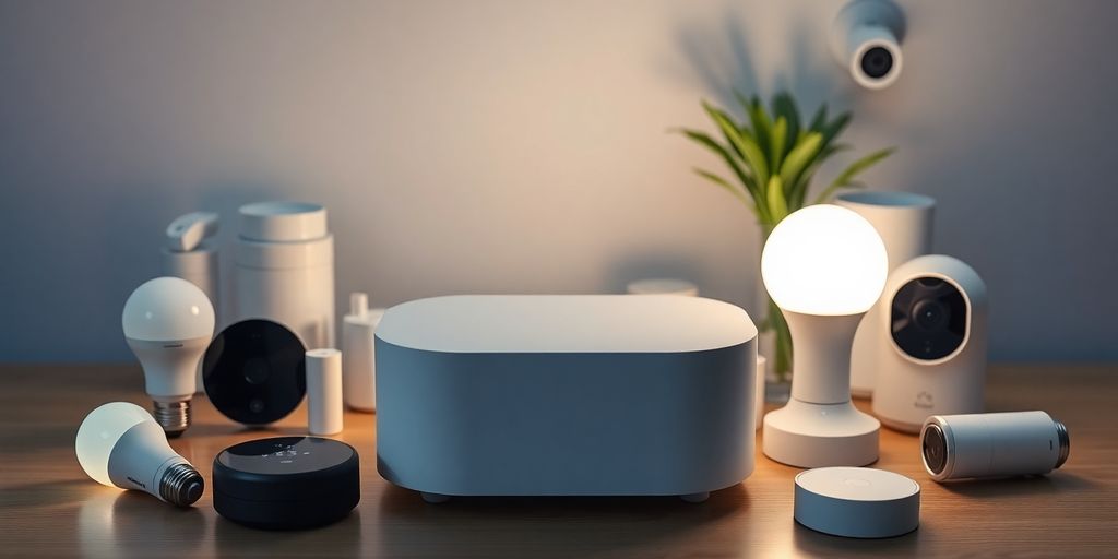Boîtier domotique moderne entouré d'objets connectés