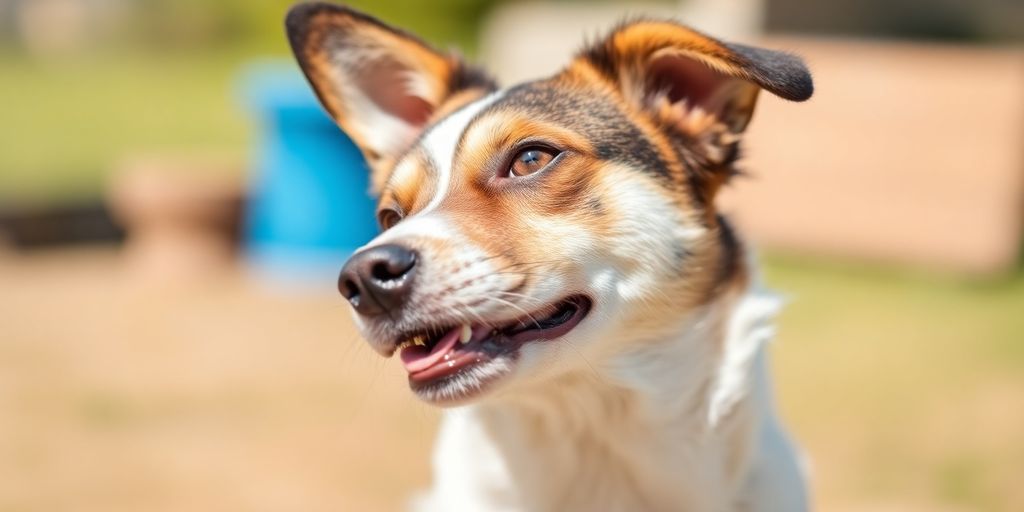 Dog looking left with curious expression in outdoor setting.