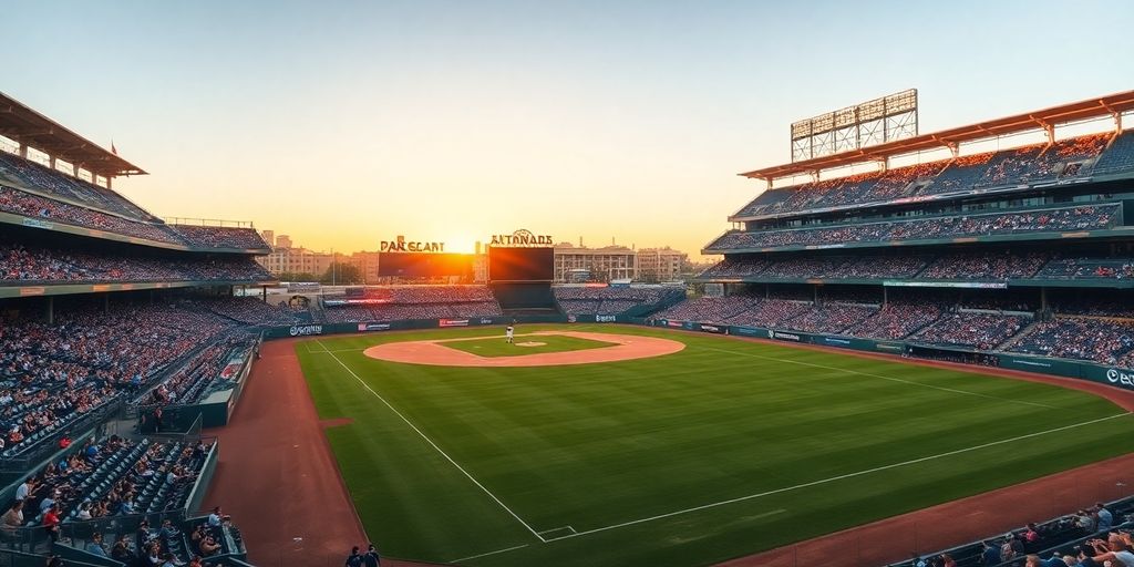Baseball field with fans cheering, golden hour light.